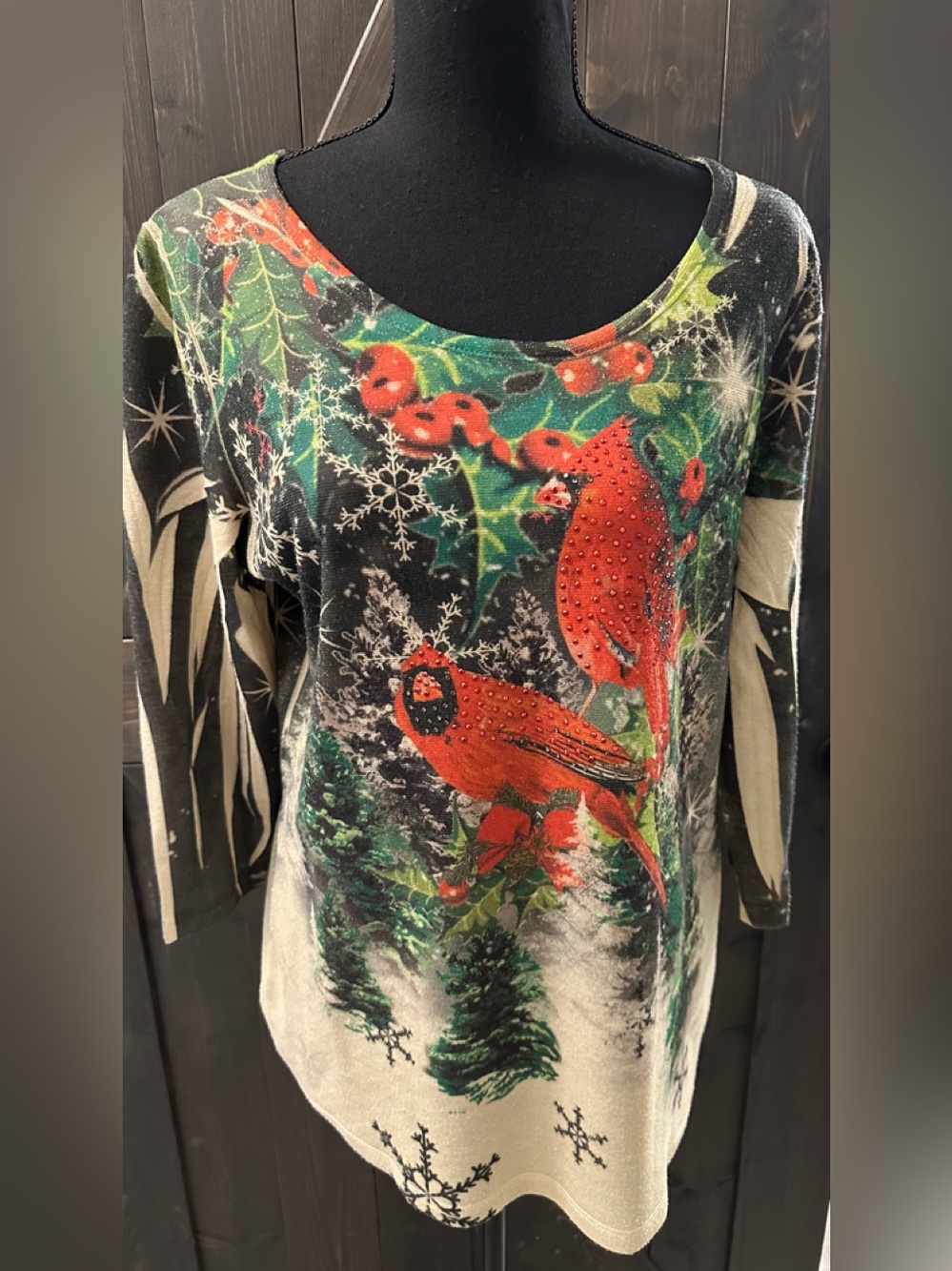 Simplici Red Embellished Cardinal Holiday Top - Size L